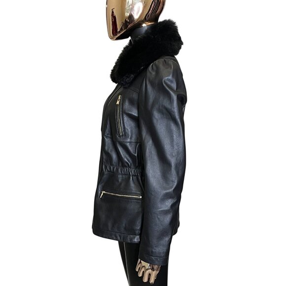 Karl Lagerfeld Black Genuine Leather Jacket W/Detachable Faux Fur Collar Medium - Picture 7 of 14